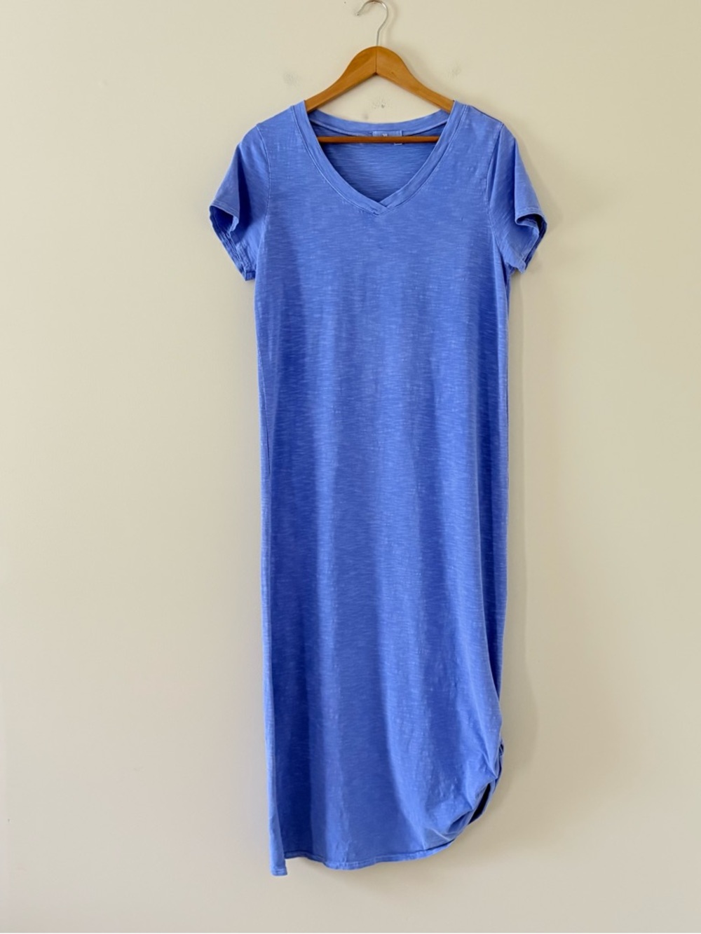 Fresh Produce Blue T-Shirt Dress Ruched Tie Side Midi Cotton Made in USA Sz L - Picture 2 of 13